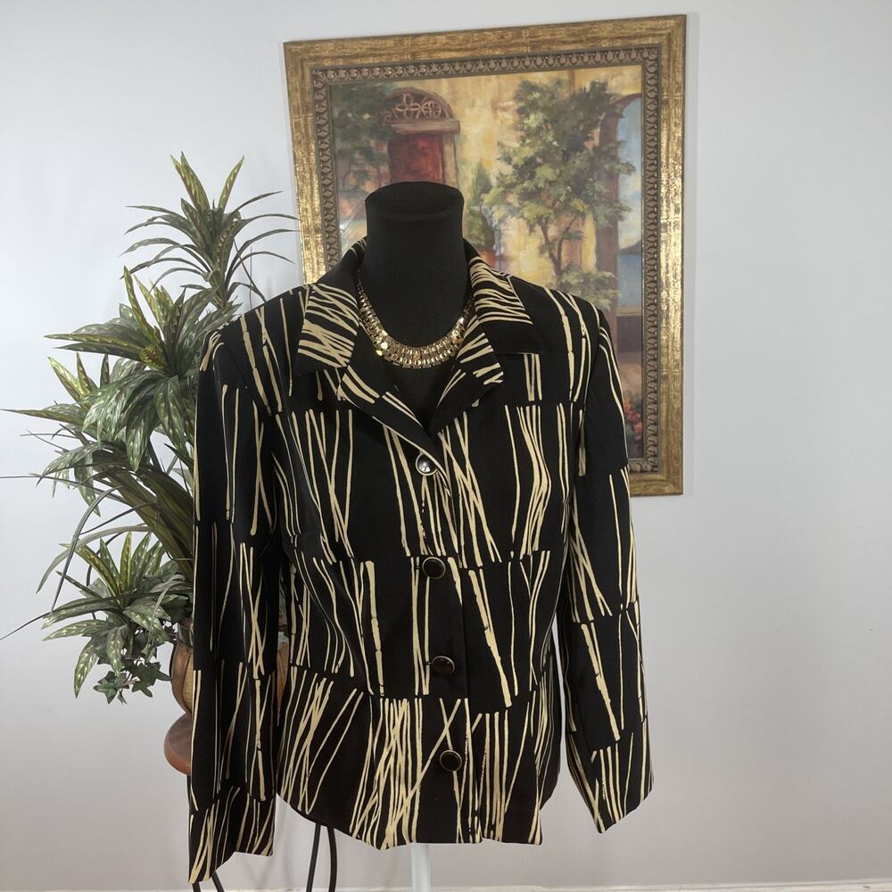 Leslie Fay Womens Blazer Jacket Size 12 Black Beige Abstract Button Front Artsy